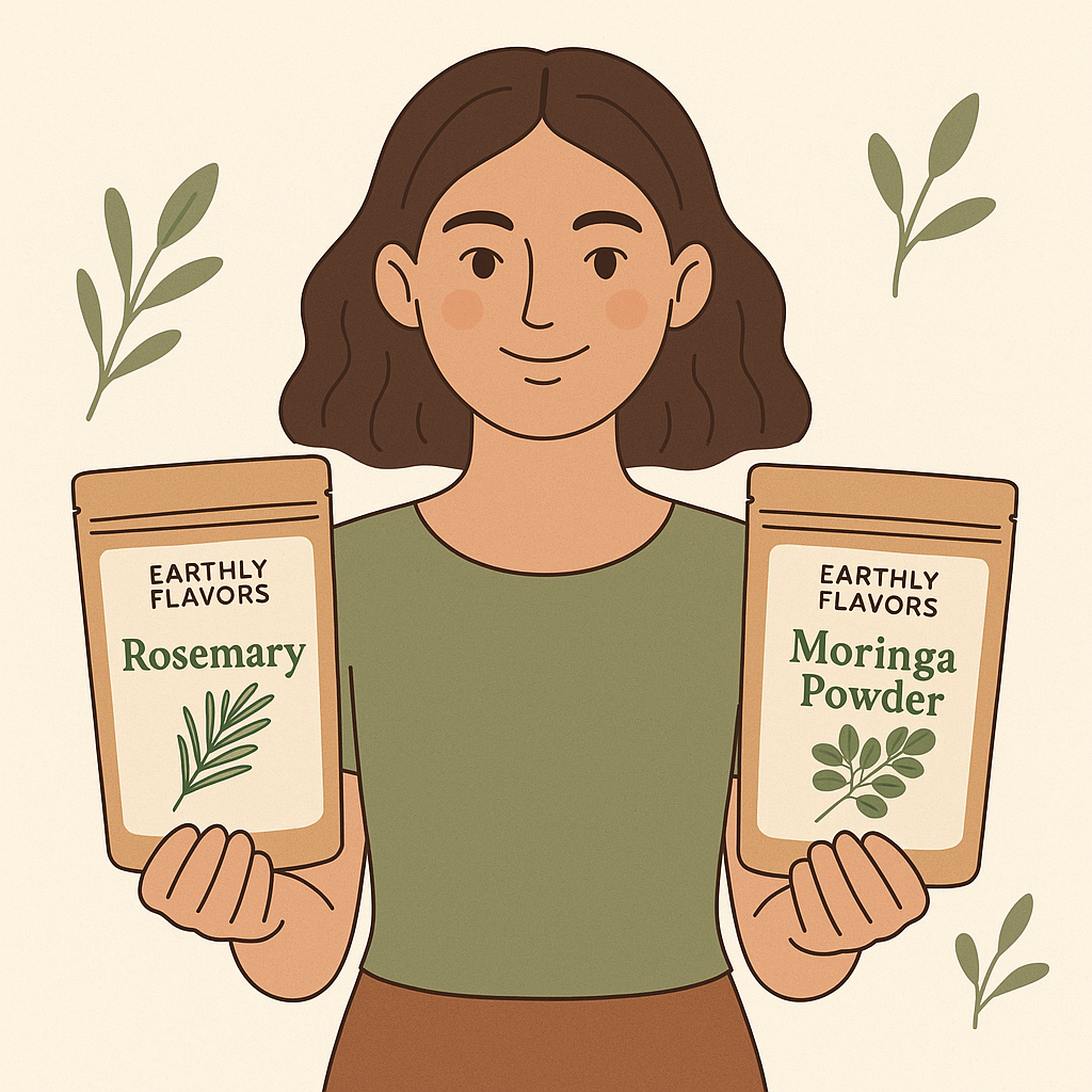 Illustration of a smiling young woman holding two Earthly Flavors herbal product packs — Rosemary in one hand and Moringa Powder in the other — surrounded by subtle green leaf accents.